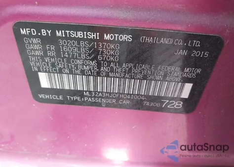 2015 Mitsubishi Mirage De/Rf из США, поврежденный, VIN ML32A3HJ0FH041004
